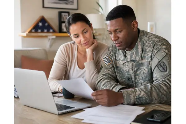 A military family together reviewing financial documents and digital banking on a laptop with their spouse.