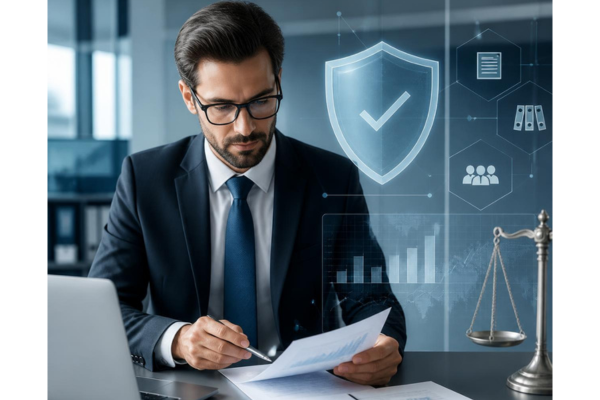 A modern corporate compliance scene with a financial analyst reviewing charts and documents