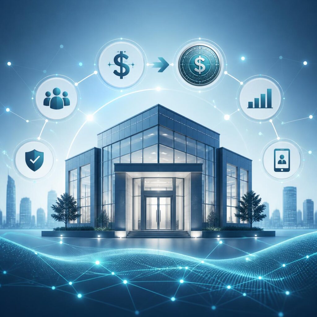 A modern credit union silhouette seamlessly integrated with subtle digital node and network lines, plus clean token icons