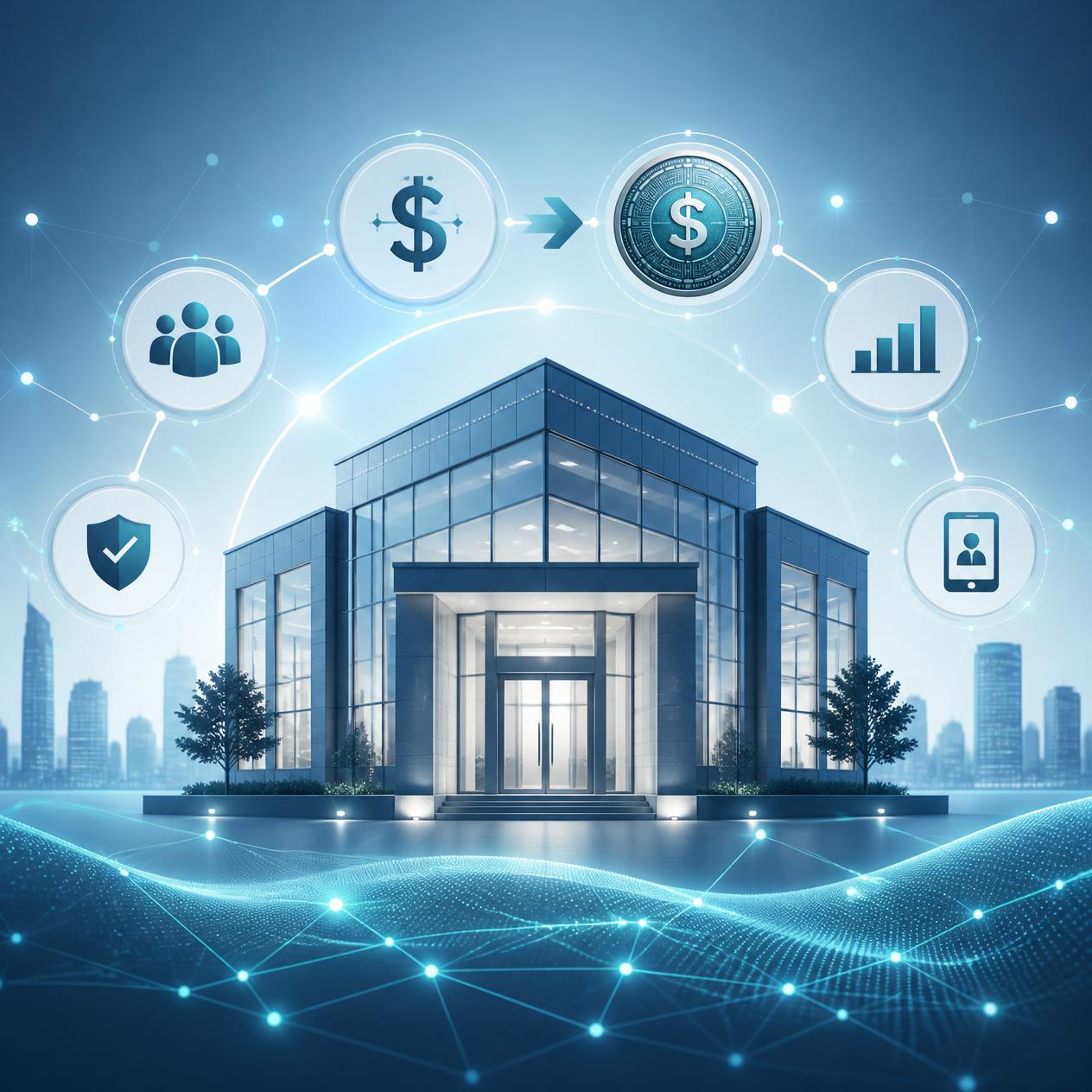 A modern credit union silhouette seamlessly integrated with subtle digital node and network lines, plus clean token icons