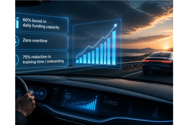 A modern dashboard and futuristic digital interface displaying rising metric graphs overlaid on a sleek automobile