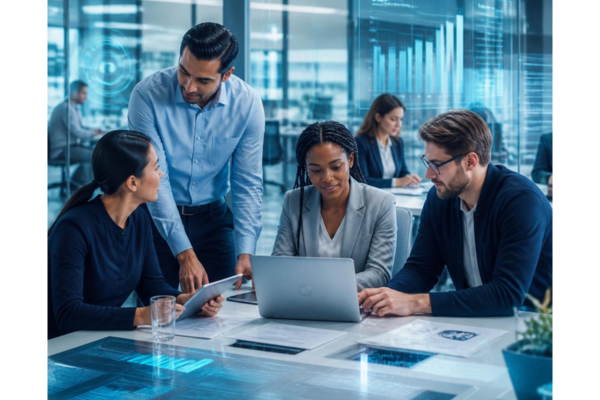 A modern fintech office team in a collaborative corporate workspace, with technology employees meeting around a sleek desk and empowered employees working together.