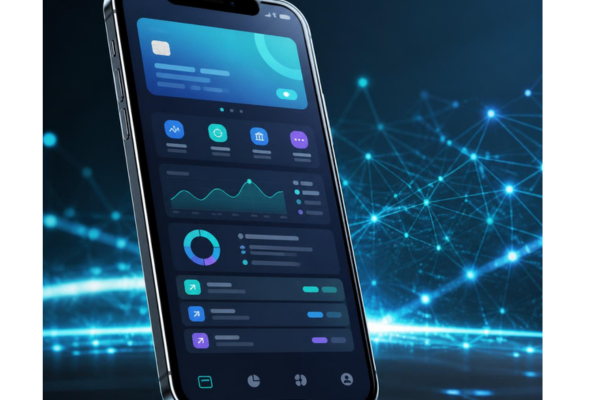 A modern, high-tech smartphone mock-up displaying a sleek, clean mobile banking application interface.