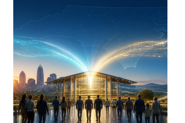 A polished cinematic corporate-finance image symbolizing a large credit union merger in North Carolina.
