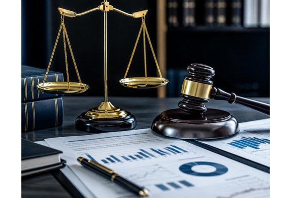 A professional photorealistic legal-finance still life featuring a polished balance scale of justice beside a wooden judge’s gavel, financial charts, regulatory documents, and a pen.