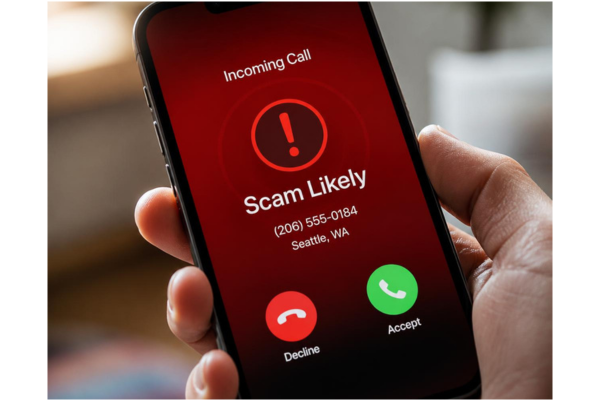 A realistic close-up of a hand holding a smartphone displaying a red warning alert screen with the words Scam Likely