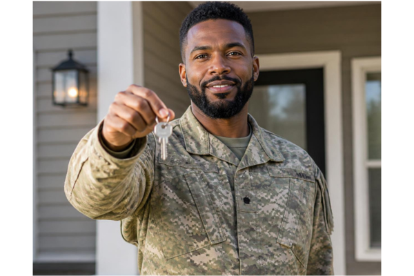A realistic photo of a soldier holding house keys, standing confidently in a clean, natural setting.