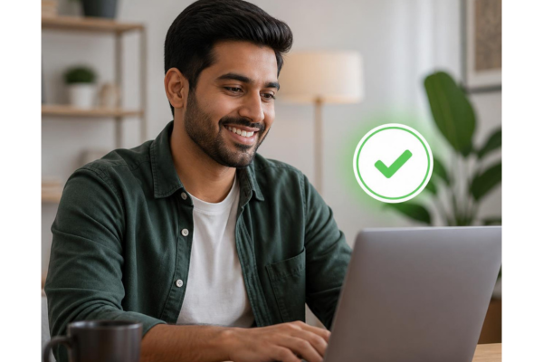 A relaxed user getting approved for a loan on a laptop