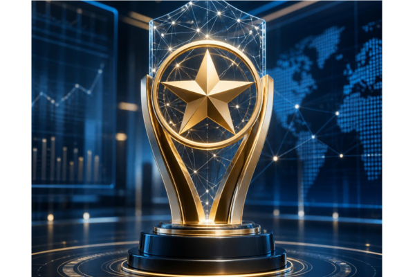 A sleek 3D award trophy combined with a golden star badge and futuristic digital neural network lines, in a high-tech banking setting.