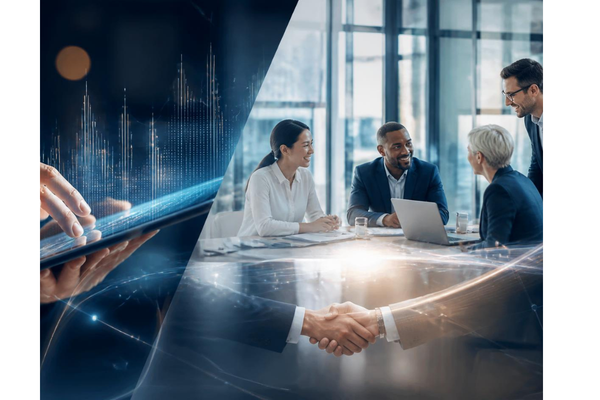 A sleek, modern split-screen or overlay concept showing human touch points (hands over a tablet, executives collaborating, warm human connection)
