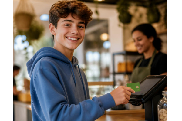 A smiling kid proudly holding a green minimal debit card toward the camera.
