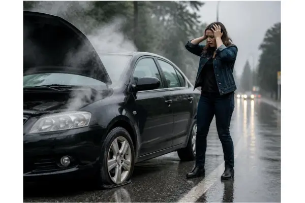 CSI CashPlease small dollar lending A realistic photo capturing a classic unexpected expense_ a stranded car on a rainy day with steam coming out of the hood