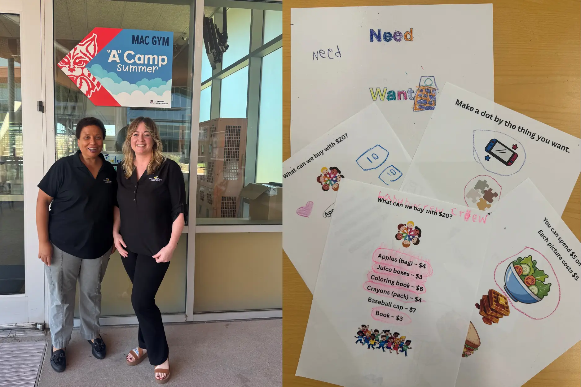 This composite image highlights a financial education outreach event focused on teaching children the difference between needs and wants. On the left, two women wearing matching black polo shirts stand smiling outside the entrance to a campus recreation facility. Behind them is a colorful sign reading "MAC GYM 'A' Camp Summer" with a wildcat graphic, indicating they are participating in or supporting a summer camp program. On the right, several educational worksheets are spread across a wooden table. The activities are designed to help children make smart spending decisions and understand basic financial concepts. Visible exercises include: A worksheet comparing "Need" versus "Want," with children's handwritten responses and illustrations. A budgeting activity asking "What can we buy with $20?" featuring everyday items such as apples, juice boxes, crayons, books, and baseball caps. A worksheet where children place a dot next to items they want, including images of a smartphone, puzzle pieces, and other products. Another budgeting exercise showing food items and explaining spending choices based on a limited budget. The image conveys a hands-on financial literacy program where educators are helping young students learn budgeting, spending priorities, and the difference between necessities and discretionary purchases through interactive activities.