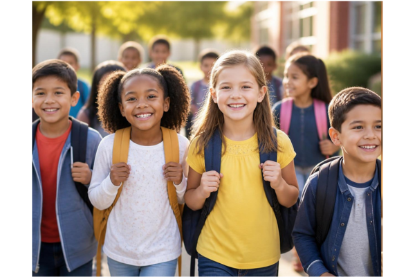 Happy elementary students with backpacks outdoors, diverse kids wearing backpacks going to school together