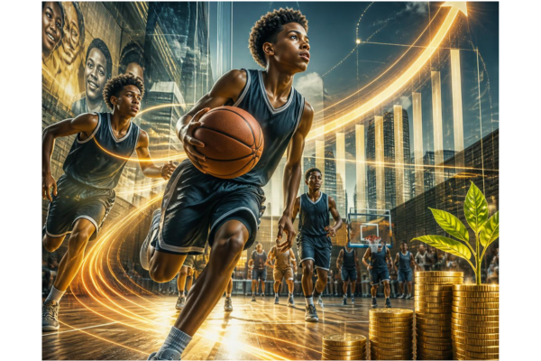 High-energy visual merging youth basketball with financial empowerment and growth elements.