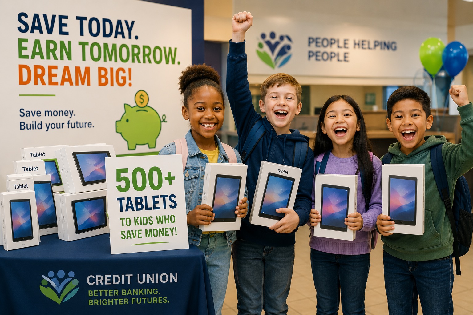 A bright, upbeat image shows a group of excited children inside a credit union, each holding a new tablet as part of a youth savings promotion. A display table is stacked with tablet boxes alongside a sign announcing “500+ Tablets to Kids Who Save Money!” The children smile and celebrate, emphasizing the excitement of being rewarded for developing positive savings habits. Additional signage encourages young members to “Save Today. Earn Tomorrow. Dream Big!” and connects saving money with building a stronger financial future. The image conveys themes of youth financial education, encouraging kids to save, financial literacy, credit union community involvement, rewarding good money habits, and helping young people build brighter financial futures.
