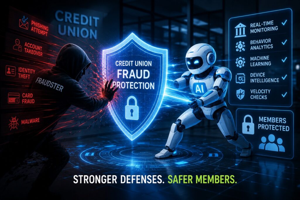 A dramatic, high-tech image depicts the battle against financial fraud inside a credit union. On the left, a shadowy hooded fraudster launches multiple threats toward the institution, including phishing attempts, account takeovers, identity theft, card fraud, and malware. At the center, a large glowing digital shield labeled “Credit Union Fraud Protection” blocks the attacks. An AI-powered security bot reinforces the shield, representing technology being used to detect and stop fraudulent activity before it reaches members. Digital displays highlight fraud-prevention tools including real-time monitoring, behavioral analytics, machine learning, device intelligence, and velocity checks. Another panel emphasizes that members are being protected. The image conveys themes of fighting fraud, cybersecurity, AI-powered fraud detection, identity protection, real-time monitoring, financial security, and protecting credit union members from increasingly sophisticated threats.