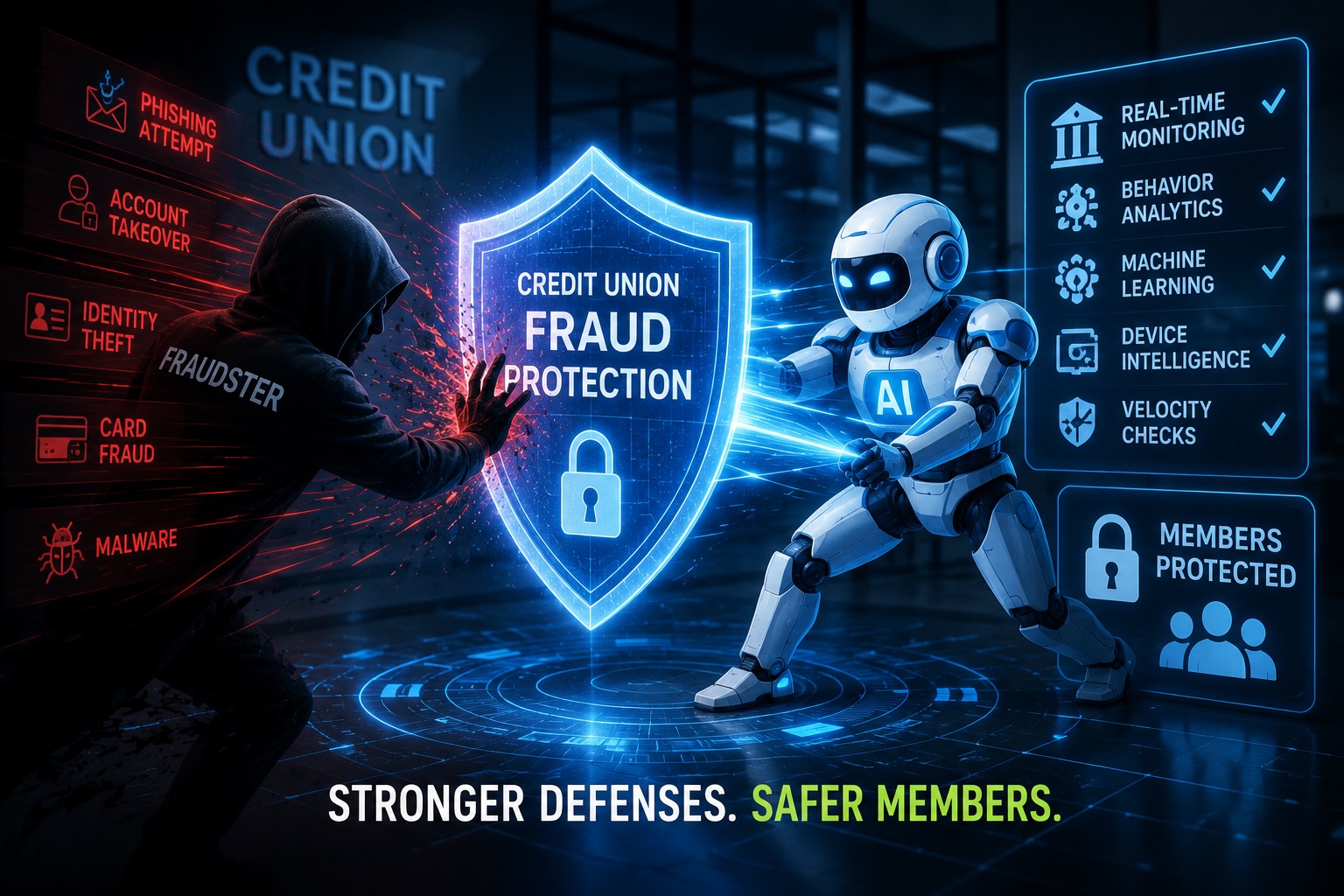 A dramatic, high-tech image depicts the battle against financial fraud inside a credit union. On the left, a shadowy hooded fraudster launches multiple threats toward the institution, including phishing attempts, account takeovers, identity theft, card fraud, and malware. At the center, a large glowing digital shield labeled “Credit Union Fraud Protection” blocks the attacks. An AI-powered security bot reinforces the shield, representing technology being used to detect and stop fraudulent activity before it reaches members. Digital displays highlight fraud-prevention tools including real-time monitoring, behavioral analytics, machine learning, device intelligence, and velocity checks. Another panel emphasizes that members are being protected. The image conveys themes of fighting fraud, cybersecurity, AI-powered fraud detection, identity protection, real-time monitoring, financial security, and protecting credit union members from increasingly sophisticated threats.