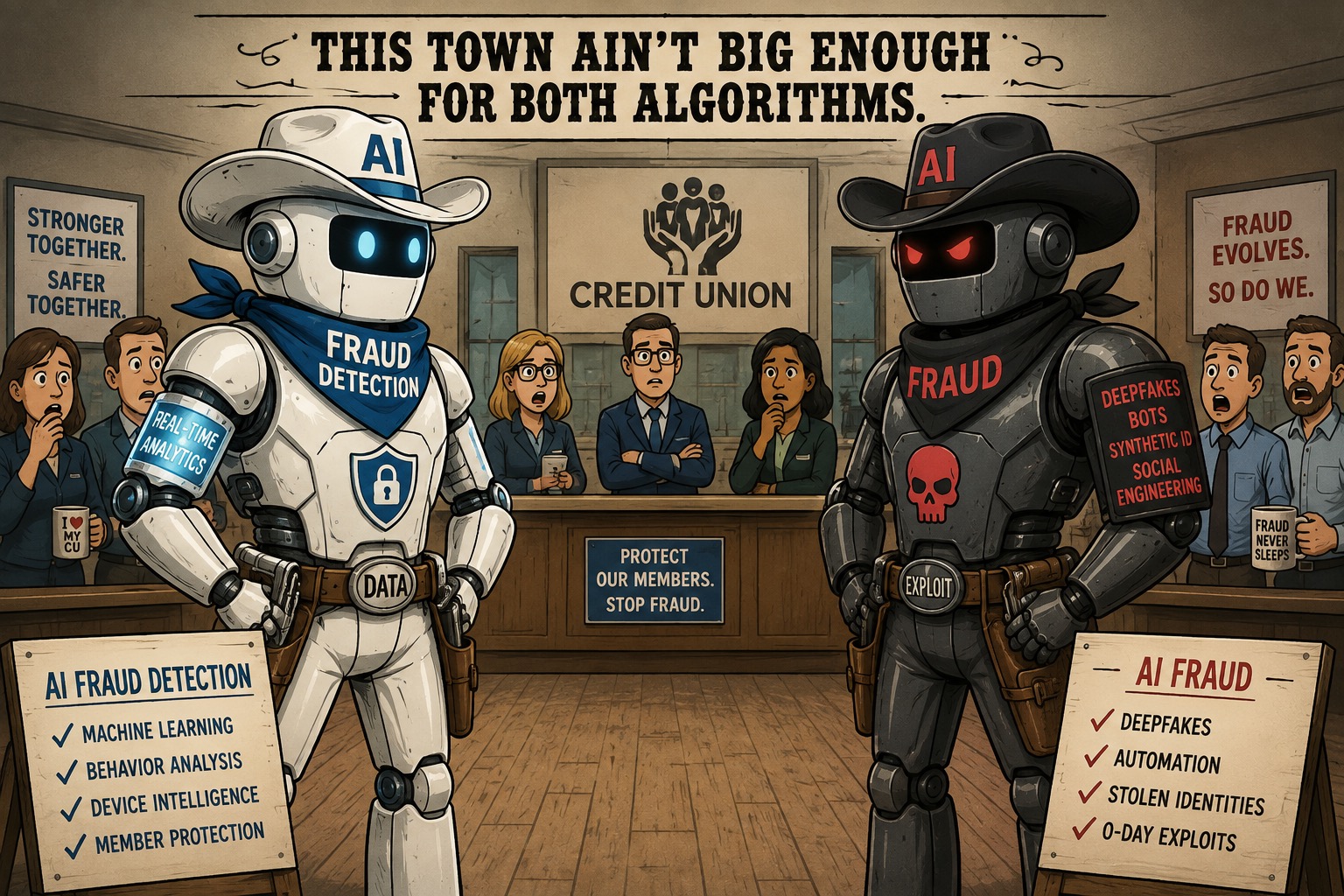 A humorous Western-style cartoon depicts an AI arms race between credit unions and fraudsters inside a credit union. Two cowboy-themed AI robots face each other in a classic Wild West showdown. On the left, the white-and-blue AI Fraud Detection robot represents the credit union’s defenses, equipped with real-time analytics, machine learning, behavioral analysis, device intelligence, and member protection. On the right, a dark, intimidating AI Fraud robot represents increasingly sophisticated criminals. Its arsenal includes deepfakes, automated attacks, synthetic identities, stolen identities, social engineering, and zero-day exploits. Credit union employees and members watch nervously from behind the counter as the two technologies prepare to face off. Above them, the headline delivers the punchline: “THIS TOWN AIN’T BIG ENOUGH FOR BOTH ALGORITHMS.” The cartoon illustrates how artificial intelligence has become a weapon on both sides of financial fraud—with credit unions using AI to detect and prevent attacks while criminals use the same technology to create faster, smarter, and more convincing scams. The image conveys themes of AI-powered fraud detection, financial crime, cybersecurity, deepfakes, synthetic identity fraud, real-time monitoring, member protection, and the escalating technological arms race between financial institutions and fraudsters.