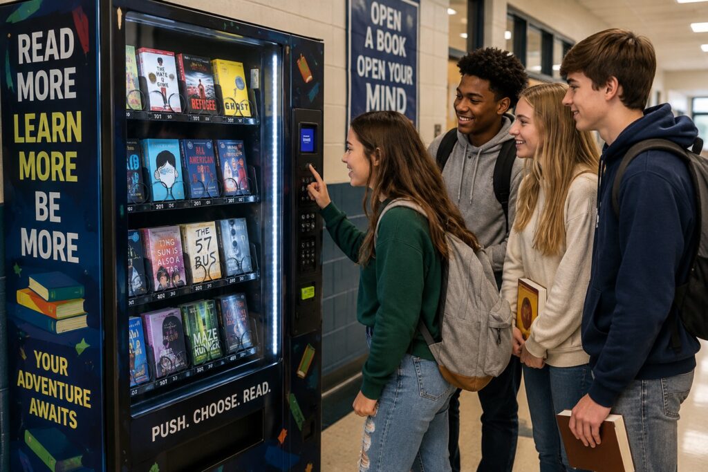 A group of high school students gathers around a colorful book vending machine in a bright school hallway. The machine is stocked with a wide selection of books displayed behind illuminated glass, giving students an easy and engaging way to choose their next read. One student is shown making a selection on the vending machine while her classmates watch with interest. Several students are carrying books and backpacks, reinforcing the everyday high school setting. The machine features encouraging literacy messages such as “Read More, Learn More, Be More,” “Your Adventure Awaits,” and “Push. Choose. Read.” A nearby school poster reads “Open a Book, Open Your Mind.” The image conveys themes of student literacy, encouraging reading, access to books, education, school enrichment, and making reading fun and accessible for teenagers.