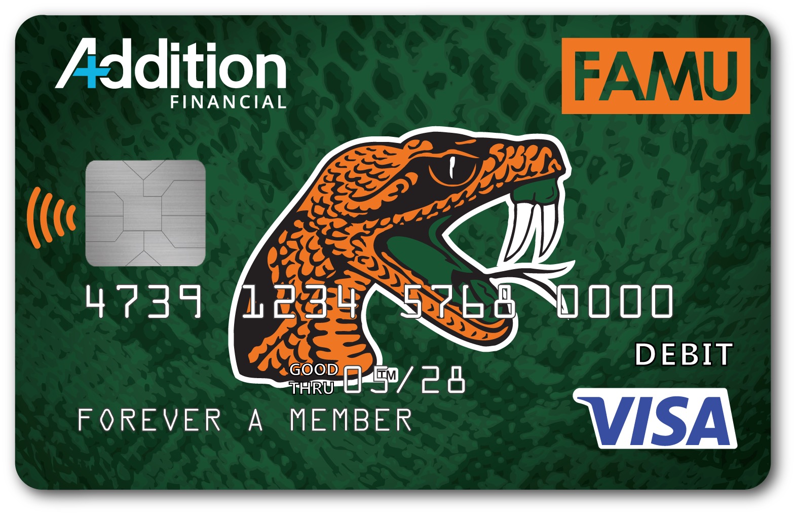 A custom Florida A&M University (FAMU) themed debit card features the university’s signature dark green and orange color scheme. The center of the card prominently displays a large FAMU Rattlers snake graphic, with the snake’s head shown in orange and black with its mouth open and fangs exposed. The textured green background gives the card a bold, distinctive appearance. The Addition Financial logo appears in the upper-left corner, while the FAMU logo is positioned prominently in the upper-right. A contactless payment symbol and EMV chip appear on the left side of the card. Across the bottom, the phrase “FOREVER A MEMBER” reinforces the connection between FAMU students, alumni, and the university community. The card is identified as a Visa debit card in the lower-right corner. The image conveys themes of college pride, FAMU school spirit, university-affiliated banking, credit union membership, student and alumni engagement, and personalized debit cards.