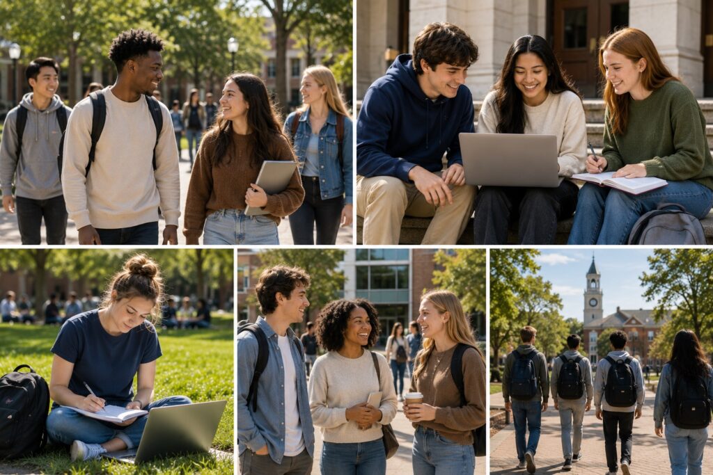 A bright, energetic collage showcases college students experiencing everyday campus life in a welcoming university setting. The different scenes show students walking across campus, talking with friends, collaborating around a laptop, studying outdoors, taking notes, and heading toward academic buildings. Backpacks, notebooks, laptops, and coffee reinforce the authentic college atmosphere. The students represent a diverse campus community and are dressed casually with no school, organization, or program branding visible. Tree-lined walkways, green lawns, traditional brick buildings, and modern campus facilities provide the backdrop. The image conveys themes of college access, higher education, student success, campus life, academic opportunity, collaboration, and preparing for the future.