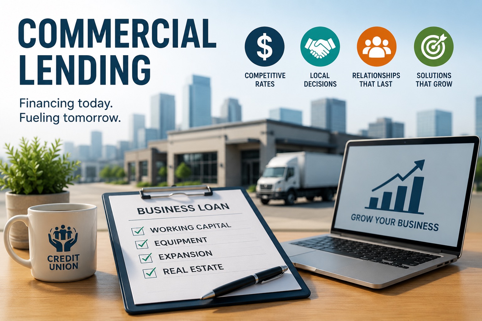 A professional commercial lending image highlights how credit unions can help businesses finance growth and expansion. The scene features a business loan application on a desk with financing needs including working capital, equipment, expansion, and real estate. A laptop displays an upward-trending growth chart, while a credit union coffee mug reinforces the financial institution setting. In the background, a commercial building, delivery truck, and city skyline represent the types of businesses and projects that commercial lending can support. Across the top, icons emphasize key commercial lending benefits including competitive rates, local decisions, lasting relationships, and solutions that help businesses grow. The image conveys themes of commercial lending, business loans, economic growth, working capital, equipment financing, commercial real estate, business expansion, and credit union lending.