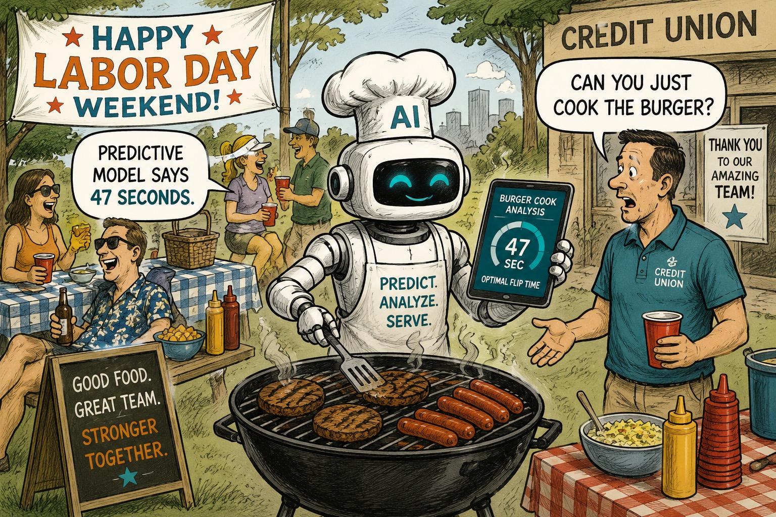 A humorous Labor Day weekend cartoon shows a credit union cookout where an AI robot has taken over the grill. Wearing a chef’s hat marked “AI,” the robot carefully analyzes burgers and hot dogs while holding a tablet displaying a Burger Cook Analysis with an optimal flip time of 47 seconds. The AI announces, “Predictive model says 47 seconds,” while a frustrated credit union employee responds, “Can you just cook the burger?” Other employees relax and enjoy the picnic in the background beneath a “Happy Labor Day Weekend!” banner. Signs celebrating teamwork and the credit union team add to the workplace holiday atmosphere. The cartoon humorously illustrates AI’s tendency to analyze and optimize even the simplest tasks, combining themes of artificial intelligence, credit unions, predictive analytics, workplace technology, teamwork, and Labor Day weekend.