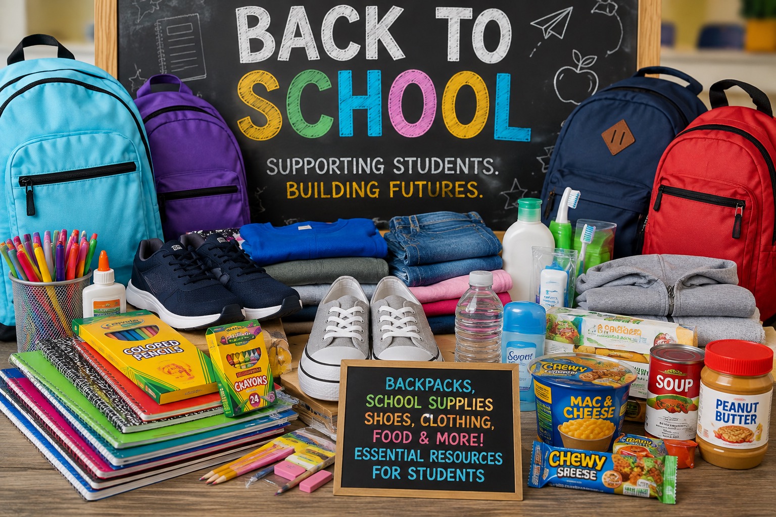 A colorful back-to-school resource display features a wide variety of essential items to help students start the school year prepared. Several brightly colored backpacks surround a table filled with notebooks, pencils, crayons, colored pencils, glue and other classroom supplies. The display also includes new shoes, jeans, shirts, sweatshirts and other clothing. Alongside the school supplies are everyday essentials such as toothbrushes, personal-care products, bottled water and food items, including peanut butter, soup, macaroni and cheese and snacks. A large chalkboard in the background reads “Back to School — Supporting Students. Building Futures.” A smaller sign emphasizes providing backpacks, school supplies, shoes, clothing, food and other essential resources for students. The image conveys themes of back-to-school assistance, student support, school supply drives, food assistance, clothing donations, community outreach and helping families prepare children for the new school year.