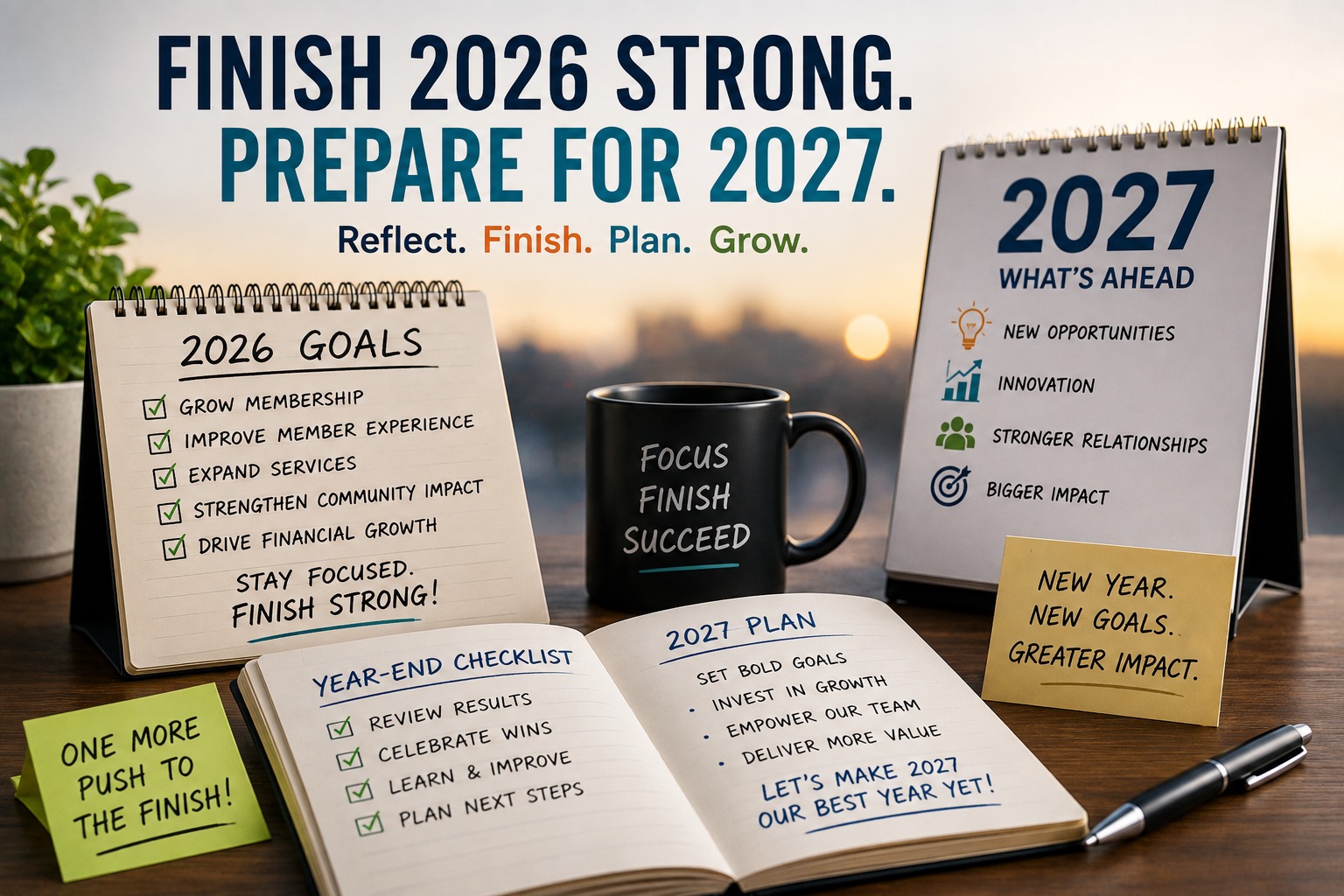 A motivational year-end planning image focuses on finishing 2026 goals strong while preparing for 2027. A desk features a 2026 Goals checklist with priorities such as growing membership, improving member experience, expanding services, strengthening community impact, and driving financial growth, alongside a year-end checklist for reviewing results, celebrating wins, learning, and planning next steps. A 2027 planning calendar looks ahead to new opportunities, innovation, stronger relationships, and greater impact, while an open notebook outlines goals for the coming year. The headline “Finish 2026 Strong. Prepare for 2027.” reinforces the theme of maintaining momentum through year-end while building a strong foundation for the year ahead. The image conveys themes of year-end goals, strategic planning, credit union growth, performance, leadership, preparation, goal setting, and looking ahead to 2027.