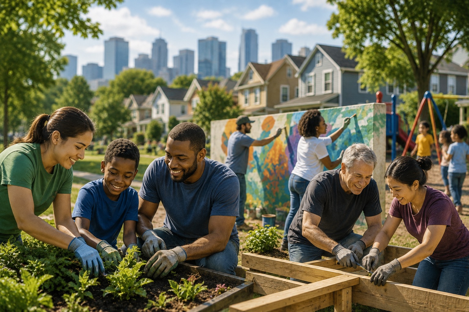A vibrant community development scene shows neighbors of different ages and backgrounds working together to improve their neighborhood. In the foreground, volunteers tend a community garden and build wooden raised garden beds. Behind them, other community members work together to paint a colorful outdoor mural, while children and families gather near a neighborhood playground. Homes, mature trees, green space, and a city skyline in the background connect the hands-on volunteer work with the broader community being strengthened. The image conveys themes of community development, neighborhood revitalization, volunteering, affordable and thriving communities, community gardens, collaboration, local investment, and people working together to create stronger neighborhoods.