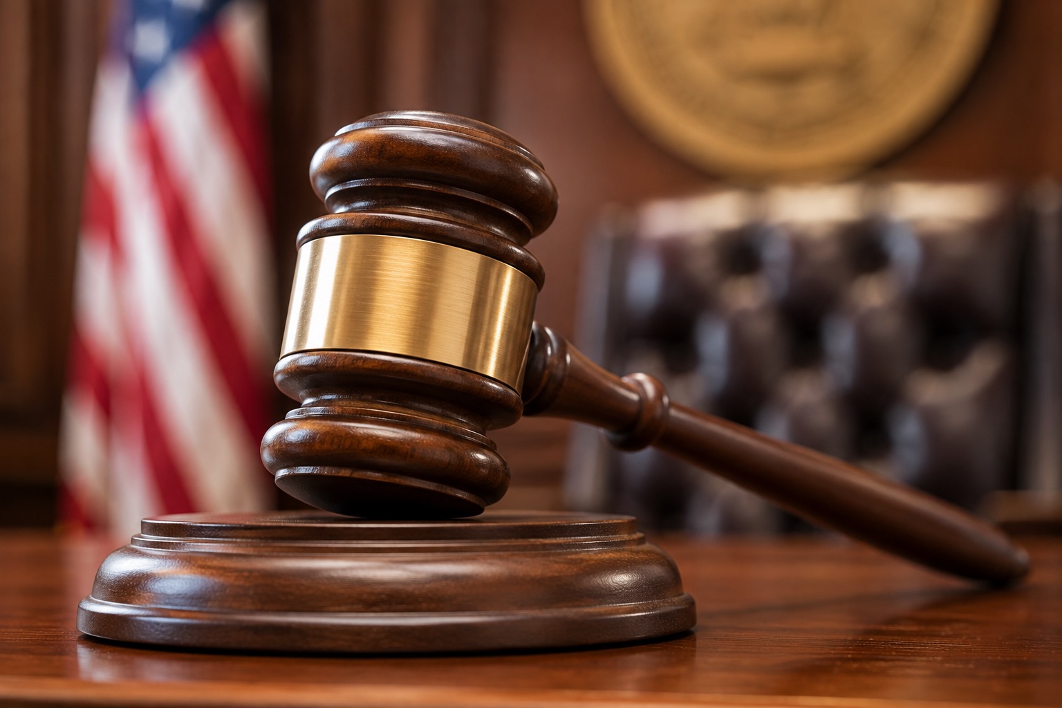 A dramatic close-up of a judge’s wooden gavel resting on its sound block inside a courtroom. The polished dark-wood gavel features a brass accent and is sharply focused in the foreground. In the softly blurred background, an American flag, judge’s chair, and courtroom seal establish the judicial setting while keeping attention centered on the gavel. The image conveys themes of law, courts, legal proceedings, judicial decisions, litigation, regulation, rulings, and justice.