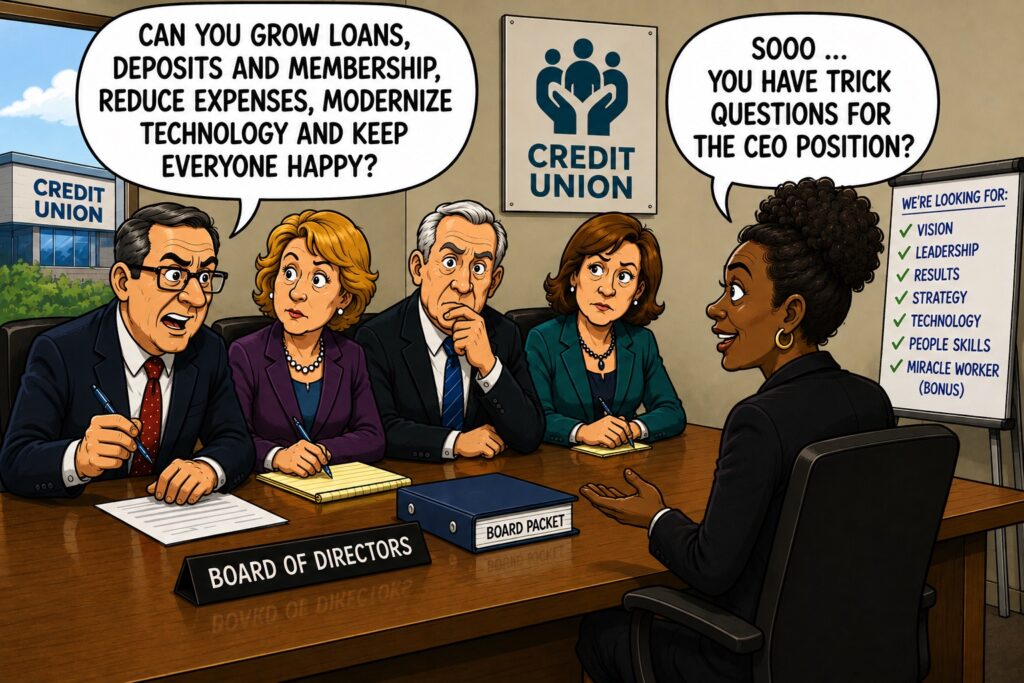A humorous cartoon depicts a credit union CEO job interview with four members of the board of directors interviewing a Black woman for the top executive position. One board member asks the candidate the daunting question: “Can you grow loans, deposits and membership, reduce expenses, modernize technology and keep everyone happy?” The candidate responds with amused skepticism: “Sooo … you have trick questions for the CEO position?” Behind the candidate, a hiring board lists the desired qualifications: Vision, Leadership, Results, Strategy, Technology, People Skills, followed by the tongue-in-cheek requirement “Miracle Worker (Bonus).” The board members display a mixture of serious, concerned and expectant expressions, while the candidate appears confident and good-humored. Credit union signage, a board packet and a “Board of Directors” nameplate establish the executive recruiting setting. The cartoon pokes fun at the increasingly demanding expectations placed on credit union CEOs, who are often expected to simultaneously deliver growth, control expenses, modernize technology, lead employees and satisfy members and boards.