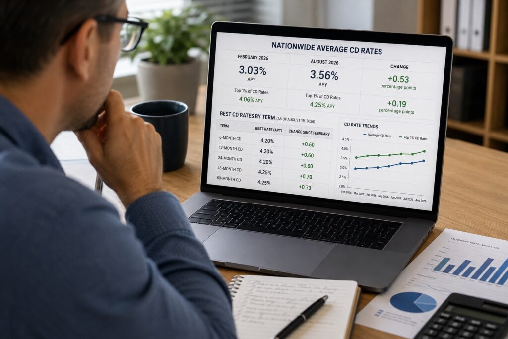 A realistic office scene shows a person closely studying CD (certificate of deposit) interest-rate data on a laptop. The individual appears focused on comparing current rates and recent changes. The laptop screen displays a “Nationwide Average CD Rates” dashboard showing February and August 2026 figures, including average APYs, top-performing CD rates, changes over time, and rates for different CD terms. A chart illustrates the recent upward movement in CD yields. Printed financial charts, a calculator, notebook, pen, and coffee mug sit on the desk, reinforcing the theme of someone carefully evaluating savings and investment options. The image conveys themes of CD rate trends, interest rates, personal finance, investment research, comparing savings opportunities, and making informed financial decisions, without promoting any particular financial institution or company.