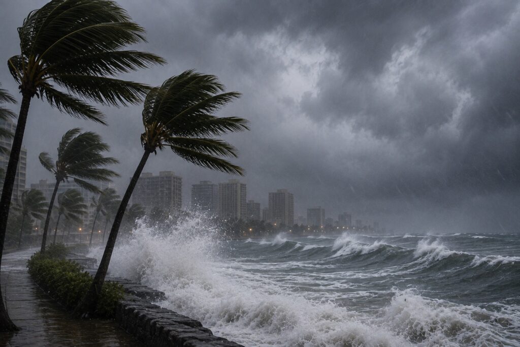 A dramatic, realistic coastal storm scene shows powerful winds and dangerously high surf pounding Hawaii’s shoreline. Tall palm trees bend sharply under intense winds as heavy rain sweeps across the coast. Large, turbulent waves crash against the seawall, sending spray and whitewater high into the air. Dark storm clouds dominate the sky while buildings along the coastline become partially obscured by rain and mist. The image conveys the severe weather, damaging winds, rough seas, coastal flooding risk, and dangerous surf conditions associated with a major tropical storm or hurricane approaching Hawaii.