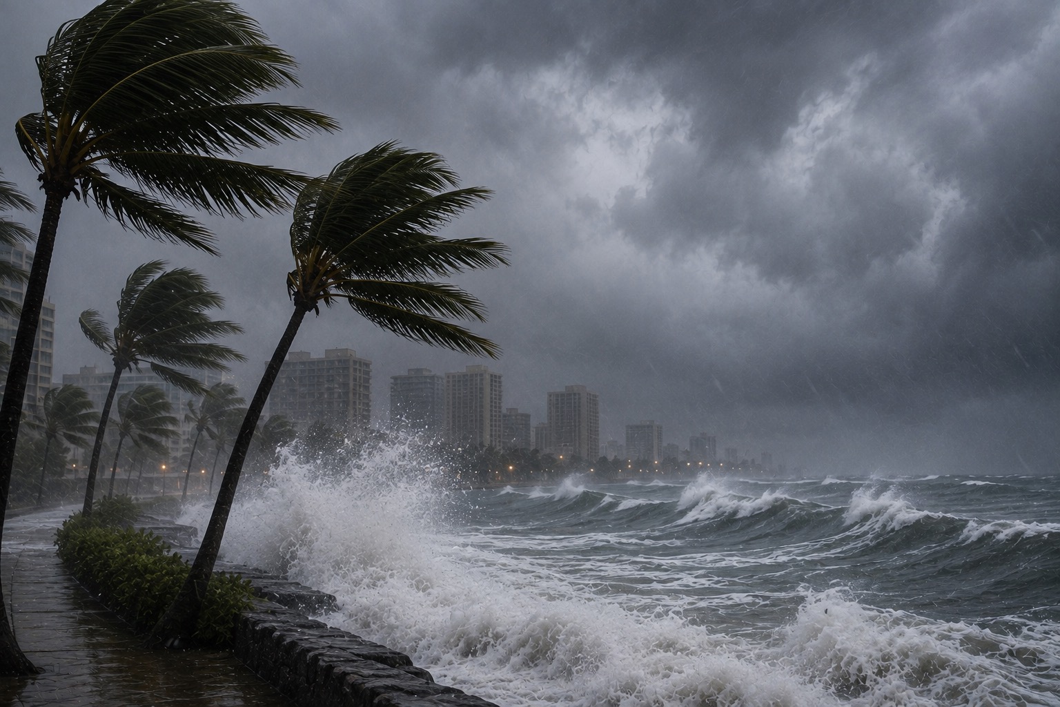 A dramatic, realistic coastal storm scene shows powerful winds and dangerously high surf pounding Hawaii’s shoreline. Tall palm trees bend sharply under intense winds as heavy rain sweeps across the coast. Large, turbulent waves crash against the seawall, sending spray and whitewater high into the air. Dark storm clouds dominate the sky while buildings along the coastline become partially obscured by rain and mist. The image conveys the severe weather, damaging winds, rough seas, coastal flooding risk, and dangerous surf conditions associated with a major tropical storm or hurricane approaching Hawaii.