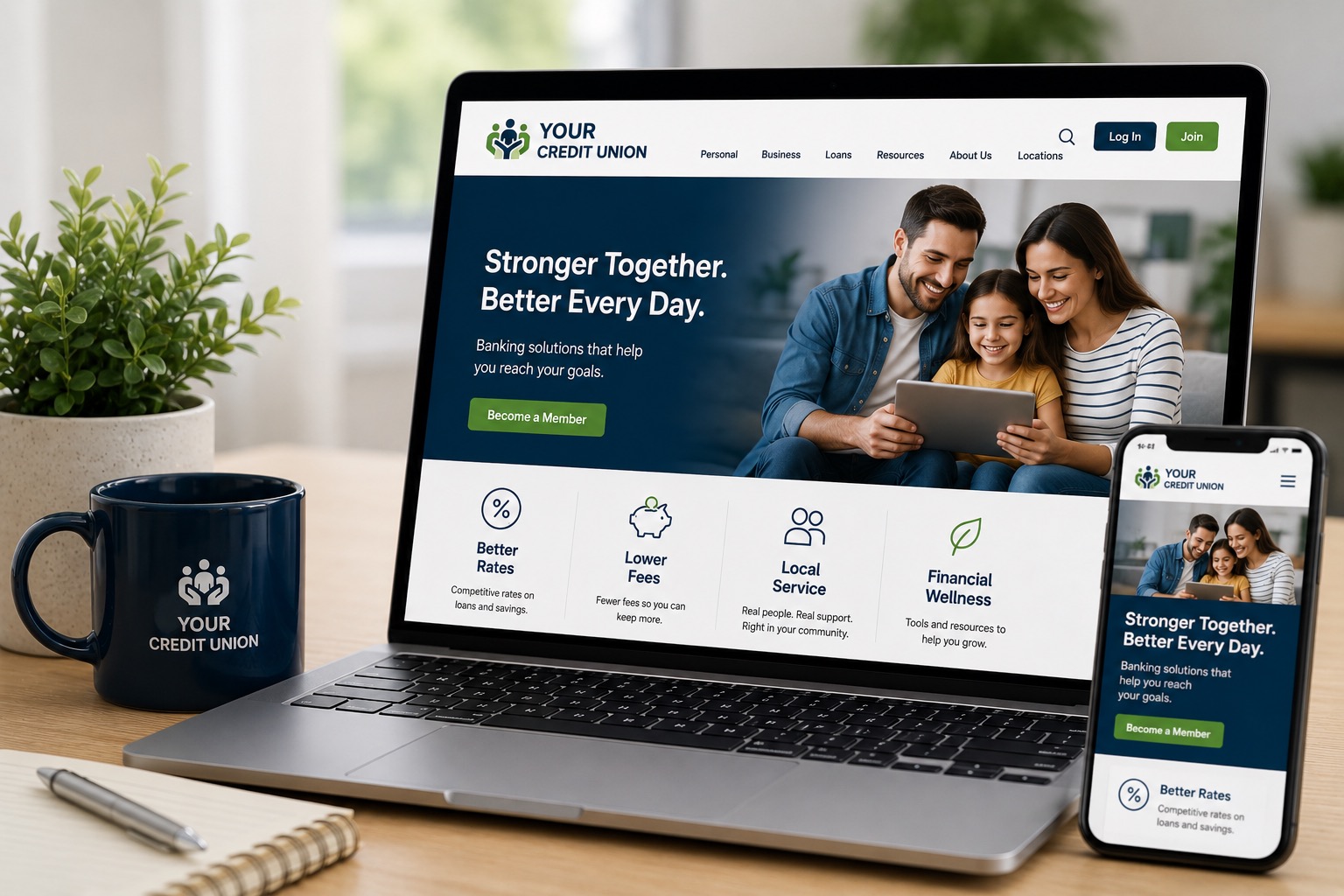 A realistic, modern workspace shows a laptop and smartphone displaying a newly designed credit union website. The responsive website appears consistently across both devices, emphasizing convenient access from desktop and mobile. The website features a welcoming family image along with information about better rates, lower fees, local service, financial wellness, and membership. Clean navigation and prominent login and membership options reinforce an easy-to-use digital banking experience. A credit union-branded coffee mug, notebook, pen, and plant complete the professional office setting. The image conveys themes of a new credit union website launch, digital transformation, improved member experience, mobile accessibility, modern financial services, and user-friendly technology.
