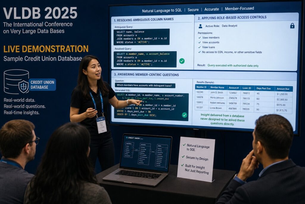 A realistic conference demonstration shows a technology expert presenting a sample credit union database at the International Conference on Very Large Data Bases (VLDB). A large screen demonstrates how natural-language questions can be translated into database queries, allowing users to retrieve useful information from complex financial data without needing to understand the underlying database structure. The live demonstration highlights three key capabilities: resolving ambiguous column names, applying role-based access controls to protect sensitive information, and answering member-centric questions, such as identifying members whose accounts have delinquent loans. The screen shows how an everyday question is converted into SQL, processed against multiple interconnected database tables, and returned as an organized set of results. Security controls demonstrate that users can access only the information authorized for their particular role. A laptop displays the underlying relationships among member, account, and loan data, emphasizing the complexity of extracting information from a database that was never originally designed to answer these types of questions directly. The image conveys themes of AI and natural-language database querying, credit union technology, secure data access, legacy databases, financial data analytics, and turning complex institutional data into actionable insights.