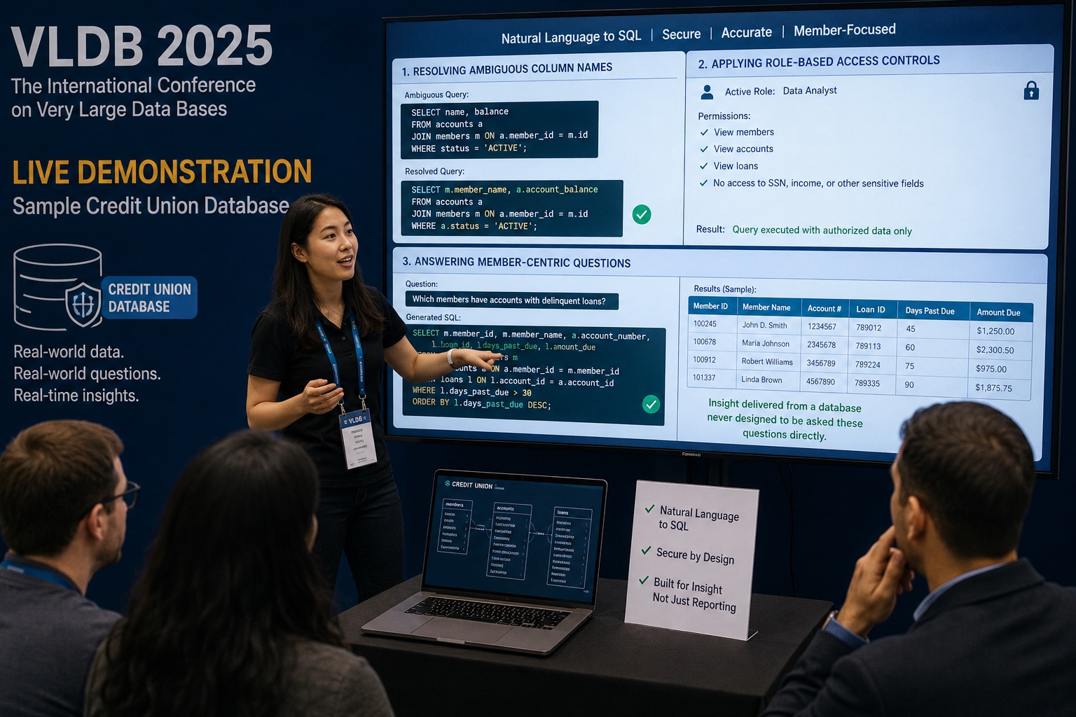 A realistic conference demonstration shows a technology expert presenting a sample credit union database at the International Conference on Very Large Data Bases (VLDB). A large screen demonstrates how natural-language questions can be translated into database queries, allowing users to retrieve useful information from complex financial data without needing to understand the underlying database structure. The live demonstration highlights three key capabilities: resolving ambiguous column names, applying role-based access controls to protect sensitive information, and answering member-centric questions, such as identifying members whose accounts have delinquent loans. The screen shows how an everyday question is converted into SQL, processed against multiple interconnected database tables, and returned as an organized set of results. Security controls demonstrate that users can access only the information authorized for their particular role. A laptop displays the underlying relationships among member, account, and loan data, emphasizing the complexity of extracting information from a database that was never originally designed to answer these types of questions directly. The image conveys themes of AI and natural-language database querying, credit union technology, secure data access, legacy databases, financial data analytics, and turning complex institutional data into actionable insights.