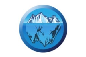 A circular blue graphic depicts an iceberg floating in water. Above the waterline, a relatively small portion of the iceberg is visible as a series of white, snow-covered mountain peaks.
Beneath the surface, a much larger section of the iceberg extends deep underwater, illustrated in darker shades of blue with jagged edges and shadowed details.
The image visually represents the familiar “tip of the iceberg” concept—what is visible on the surface represents only a small portion of something much larger or more complex hidden beneath. It can symbolize hidden risks, unseen challenges, underlying problems, deeper data, or factors that aren't immediately apparent. Part of D. Hilton logo