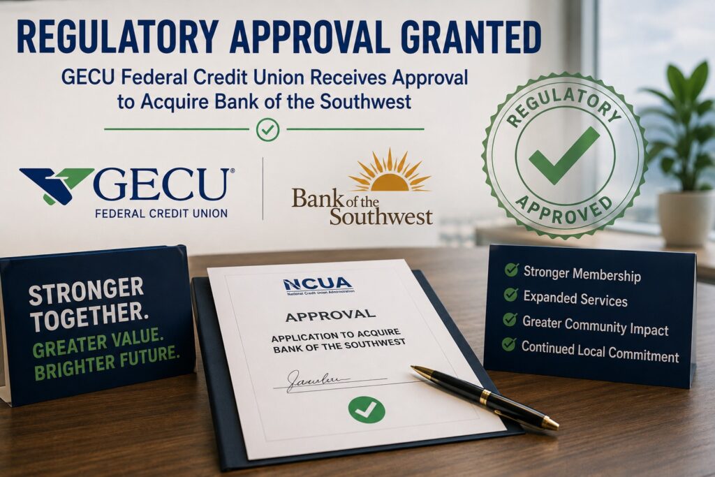 A professional announcement graphic highlights GECU Federal Credit Union receiving regulatory approval to acquire Bank of the Southwest. The headline “Regulatory Approval Granted” appears prominently above the names and logos of the two financial institutions. A large green “Regulatory Approved” seal with a checkmark reinforces the approval milestone. In the foreground, an official-looking approval document sits on a desk alongside a pen, visually representing the regulatory authorization for the acquisition. Additional messaging emphasizes potential benefits of the combination, including stronger membership, expanded services, greater community impact, and continued local commitment. A nearby sign reads “Stronger Together. Greater Value. Brighter Future.” The image conveys themes of credit union growth, bank acquisitions, regulatory approval, financial institution consolidation, expanded member services, and community banking.