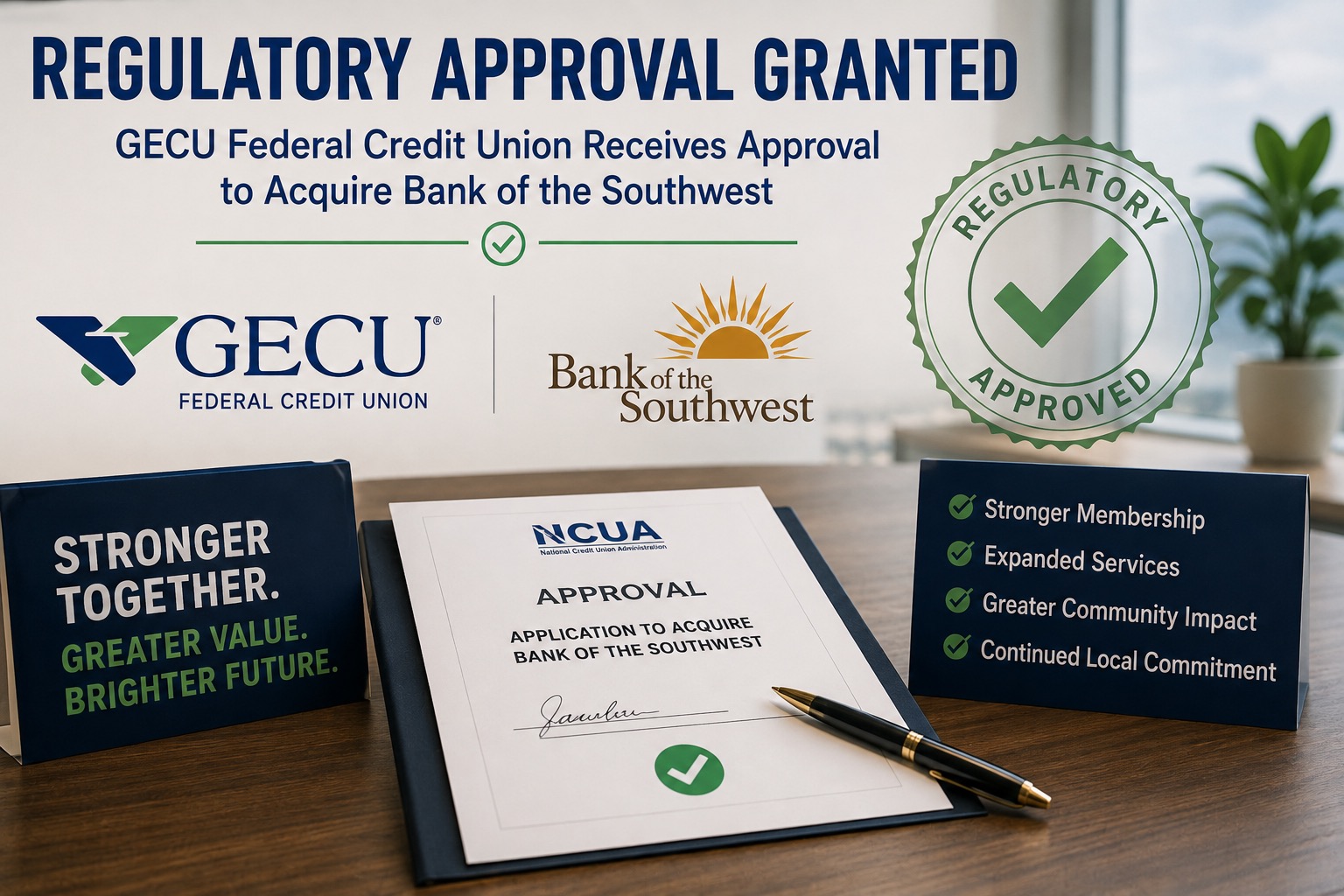 A professional announcement graphic highlights GECU Federal Credit Union receiving regulatory approval to acquire Bank of the Southwest. The headline “Regulatory Approval Granted” appears prominently above the names and logos of the two financial institutions. A large green “Regulatory Approved” seal with a checkmark reinforces the approval milestone. In the foreground, an official-looking approval document sits on a desk alongside a pen, visually representing the regulatory authorization for the acquisition. Additional messaging emphasizes potential benefits of the combination, including stronger membership, expanded services, greater community impact, and continued local commitment. A nearby sign reads “Stronger Together. Greater Value. Brighter Future.” The image conveys themes of credit union growth, bank acquisitions, regulatory approval, financial institution consolidation, expanded member services, and community banking.