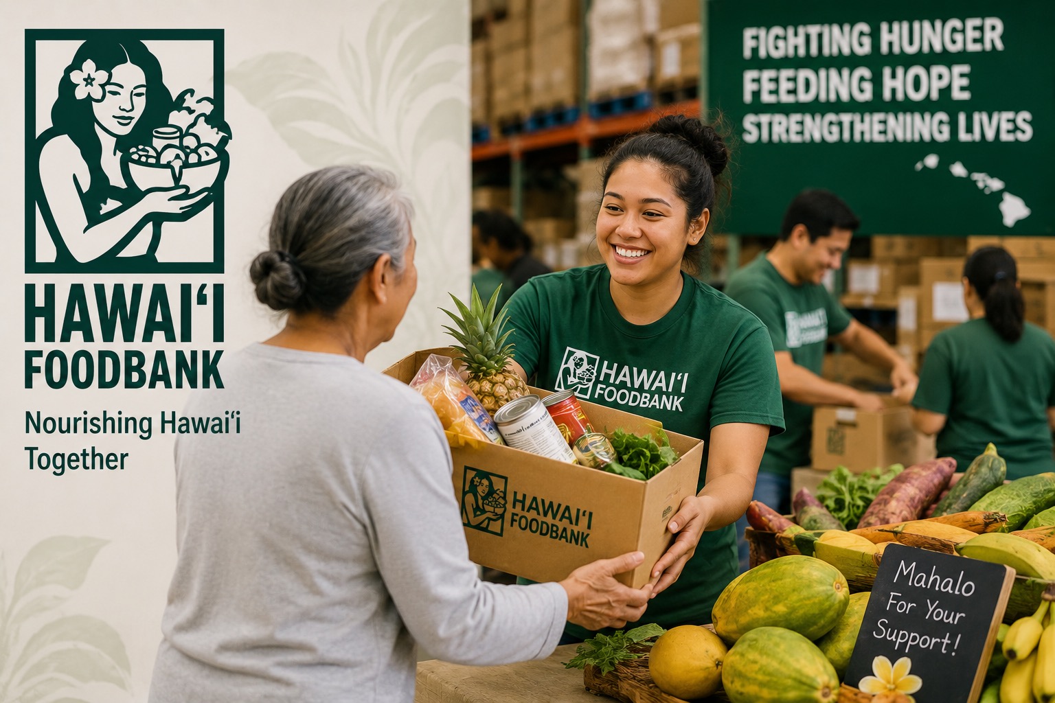 A warm, community-focused image depicts the Hawai‘i Foodbank distributing nutritious food to local residents. In the center, a smiling volunteer hands an older woman a box filled with fresh produce, canned goods, and other grocery staples. Additional volunteers work in the background organizing and packing food inside a warehouse. A colorful selection of locally familiar fruits and vegetables—including pineapple, bananas, papaya, leafy greens, corn, and sweet potatoes—reinforces the focus on providing nutritious food to families in need. Hawai‘i Foodbank imagery and messaging emphasize fighting hunger, feeding hope, strengthening lives, and nourishing Hawai‘i communities. The image conveys themes of hunger relief, food assistance, volunteering, community service, charitable giving, food security, and neighbors helping neighbors throughout Hawai‘i.
