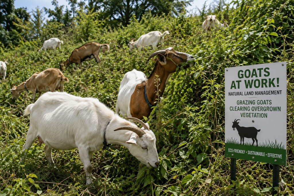 A realistic outdoor scene shows a herd of goats grazing on dense, overgrown vegetation along a hillside. Several goats are actively eating weeds, vines, brush, and other unwanted plants, demonstrating how targeted grazing can be used as a natural method of vegetation management. The thick greenery surrounding the animals illustrates the type of difficult-to-maintain terrain where goats can be especially useful. A nearby “Goats at Work!” sign explains that the animals are clearing overgrown vegetation as part of a natural land-management effort. The image conveys themes of sustainable landscaping, environmentally friendly vegetation control, targeted grazing, land management, wildfire prevention, reducing overgrowth, and using goats as a natural alternative to mechanical or chemical clearing methods.