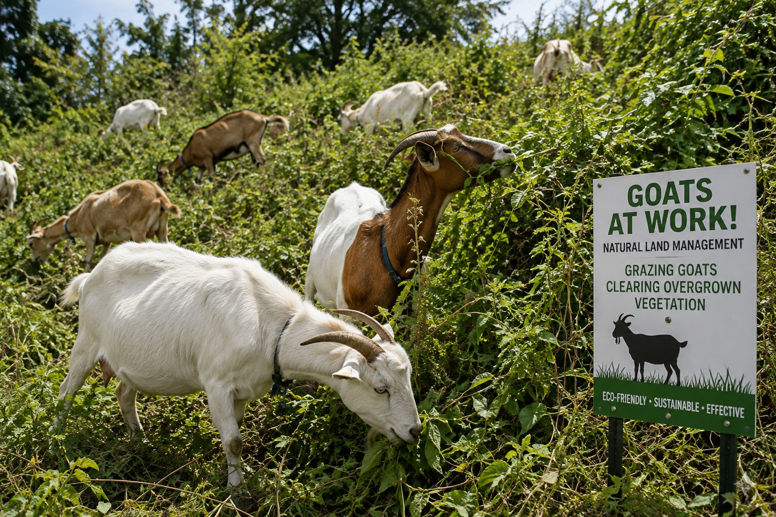 A realistic outdoor scene shows a herd of goats grazing on dense, overgrown vegetation along a hillside. Several goats are actively eating weeds, vines, brush, and other unwanted plants, demonstrating how targeted grazing can be used as a natural method of vegetation management. The thick greenery surrounding the animals illustrates the type of difficult-to-maintain terrain where goats can be especially useful. A nearby “Goats at Work!” sign explains that the animals are clearing overgrown vegetation as part of a natural land-management effort. The image conveys themes of sustainable landscaping, environmentally friendly vegetation control, targeted grazing, land management, wildfire prevention, reducing overgrowth, and using goats as a natural alternative to mechanical or chemical clearing methods.