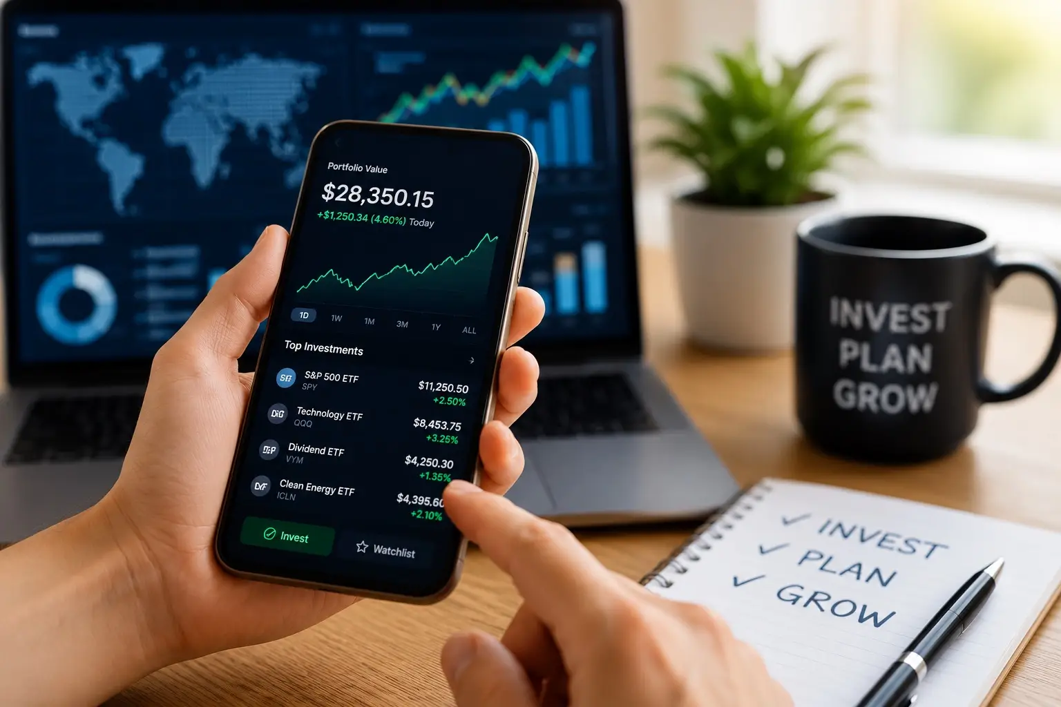 A person uses a smartphone to manage investments through a modern digital investing app displaying a rising portfolio value, live market performance, and investment holdings. In the background, a laptop features financial charts and analytics, reinforcing a technology-driven investing experience. A notepad with the words "Invest, Plan, Grow," a coffee mug, and a small desk plant complete the clean, professional workspace. The image represents digital investing, mobile portfolio management, wealth building, financial technology, and convenient online investment management.