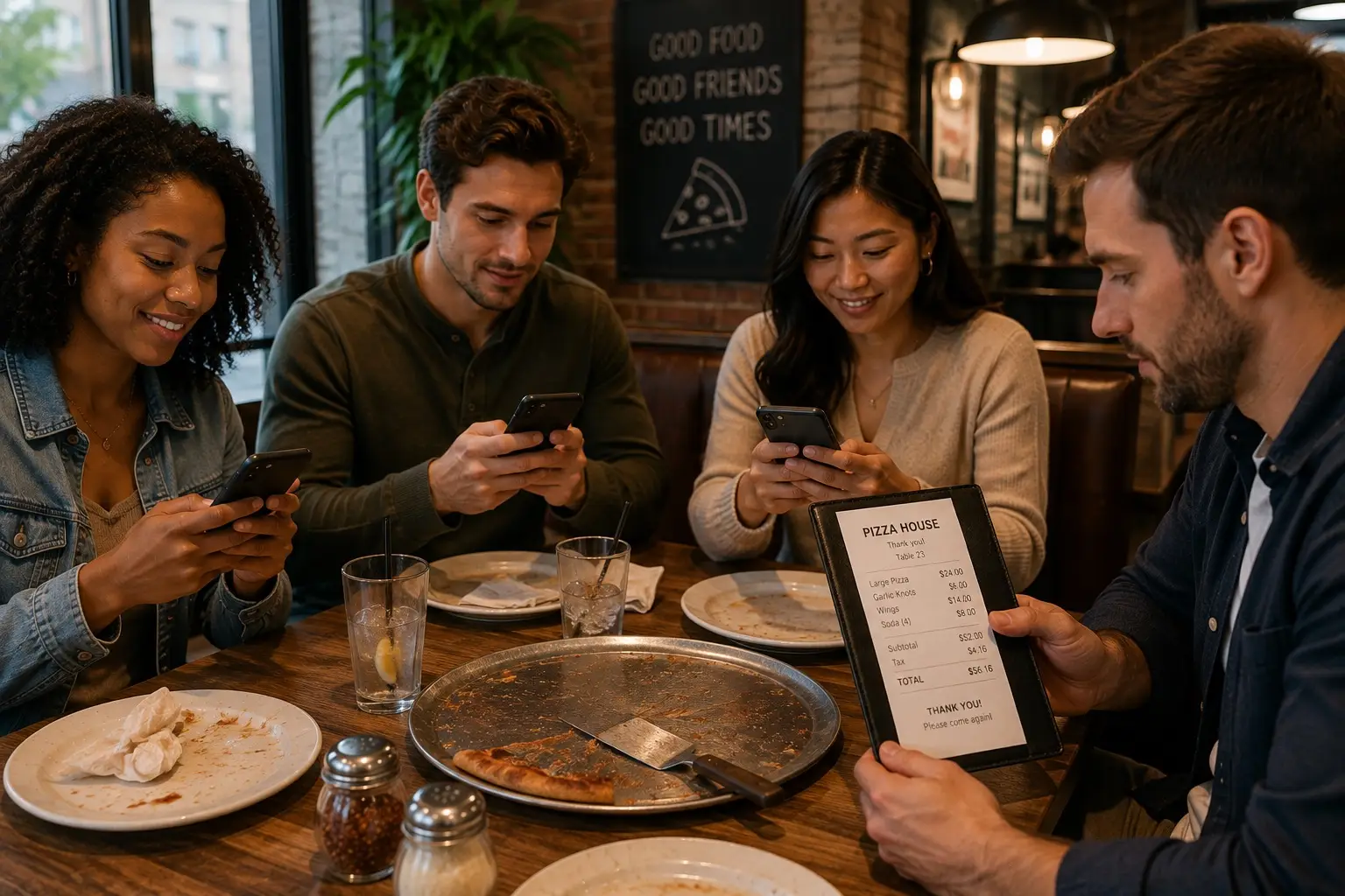 A group of four friends sits around a table in a cozy neighborhood pizzeria after finishing their meal, using their smartphones to quickly split the bill through real-time payments. One diner reviews the restaurant check while the others complete instant payment transfers on their phones, illustrating the convenience of modern digital payments. Only a single slice of pizza remains on the tray, with empty plates, partially finished drinks, and crumpled napkins reinforcing that the meal is ending. The warm brick interior, soft pendant lighting, and casual atmosphere create a welcoming setting that emphasizes how real-time payments make splitting restaurant bills fast, simple, and hassle-free.