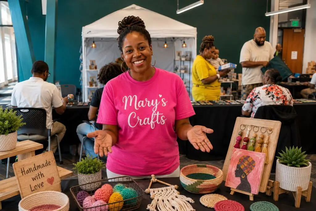 A cheerful artisan stands behind her booth at a bustling indoor craft market, welcoming visitors with an inviting smile and open hands. She wears a bright pink "Mary's Crafts" T-shirt, creating a friendly and approachable focal point for the display. The vendor's table is filled with an assortment of handmade crafts, including woven baskets, colorful crocheted items, macramé décor, decorative keychains, handcrafted artwork, coasters, and potted plants. A rustic wooden sign reading "Handmade with Love" reinforces the handmade, local-business feel without referencing any specific event. In the background, shoppers browse neighboring vendor booths while other artisans interact with customers, creating a lively community atmosphere. A white canopy booth, modern lighting, teal accent walls, and large windows give the venue a bright, contemporary appearance. The overall image conveys creativity, entrepreneurship, and the welcoming spirit of a local craft fair where small businesses showcase unique handmade products.