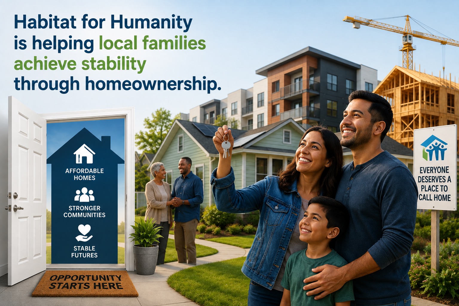 A bright, optimistic image highlighting Habitat for Humanity’s efforts to help local families achieve stability through homeownership. In the foreground, a smiling family celebrates receiving the keys to a new home, representing the security and opportunity that come with homeownership. Behind them is a welcoming residential community featuring single-family homes and modern multifamily housing. A home under construction and a large construction crane in the background emphasize continued investment in creating and expanding housing opportunities. Other community members are shown interacting near the homes, reinforcing themes of neighborhood connection and support. An open doorway on the left features messages promoting affordable homes, stronger communities, and stable futures, with a welcome mat reading “Opportunity Starts Here.” A nearby sign reinforces the message that everyone deserves a place to call home. The overall image conveys affordable housing, homeownership, community development, financial stability, opportunity, and building stronger communities for local families.
