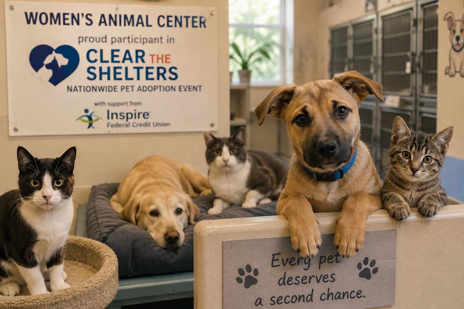 A warm, realistic scene inside Women’s Animal Center highlights dogs and cats waiting for adoption as part of the Clear the Shelters nationwide pet adoption event. Several shelter animals—including an energetic young dog, a relaxed golden-colored dog, and multiple cats—are gathered in a comfortable adoption area. The animals are the main focus of the image, emphasizing the pets that are looking for permanent homes. A sign in the background identifies Women’s Animal Center as a participant in Clear the Shelters and notes support from Inspire Federal Credit Union. The sponsorship is kept secondary to the animals and adoption message. A simple sign in the foreground reads “Every pet deserves a second chance,” reinforcing the purpose of the event. The image conveys themes of pet adoption, animal rescue, shelter animals, second chances, community involvement, Clear the Shelters, and finding loving homes for dogs and cats.